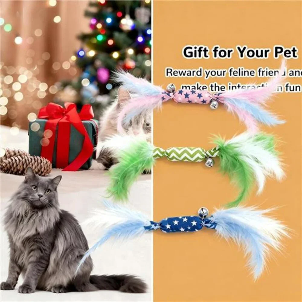 Catnip Toy Candy Shape with Bright Colors Feathers & Bell, Kicker Chew Toy